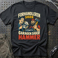 
Forhandleren siger ny del – Garagen siger hammer – Tegneserie – Unisex T-Shirt med tryk foran, farve: Sort