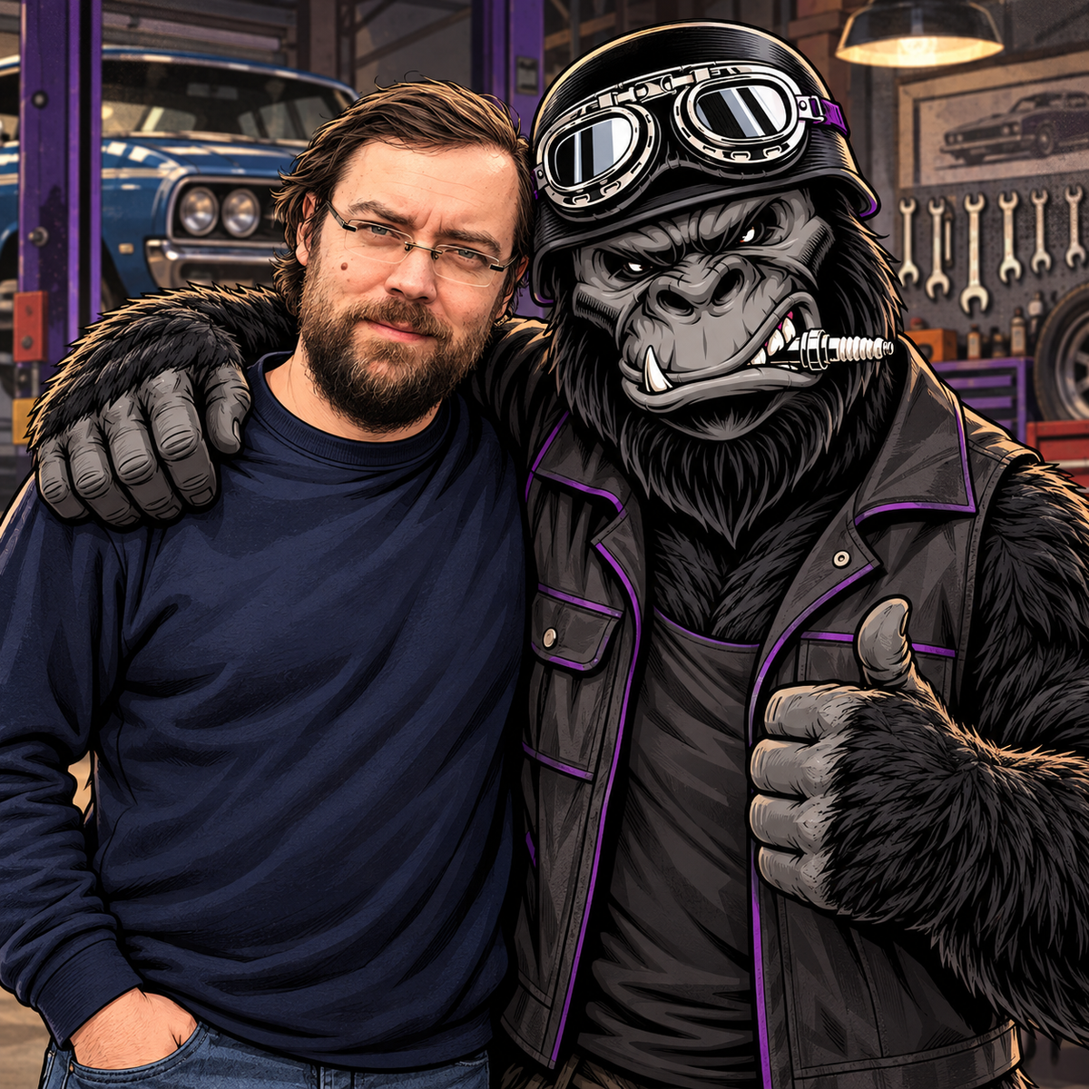 Illustration af Alex fra Garage Culture sammen med butikkens gorilla i garagen.
