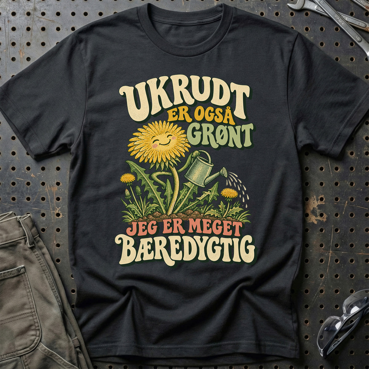 
Haveentusiast – Ukrudt er også grønt jeg er meget bæredygtig – Unisex T-Shirt med tryk foran, farve: Sort