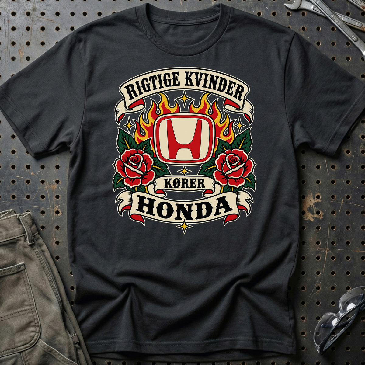 Honda Rigtige Kvinder Kører – Roser og Flammer T-Shirt – Sort