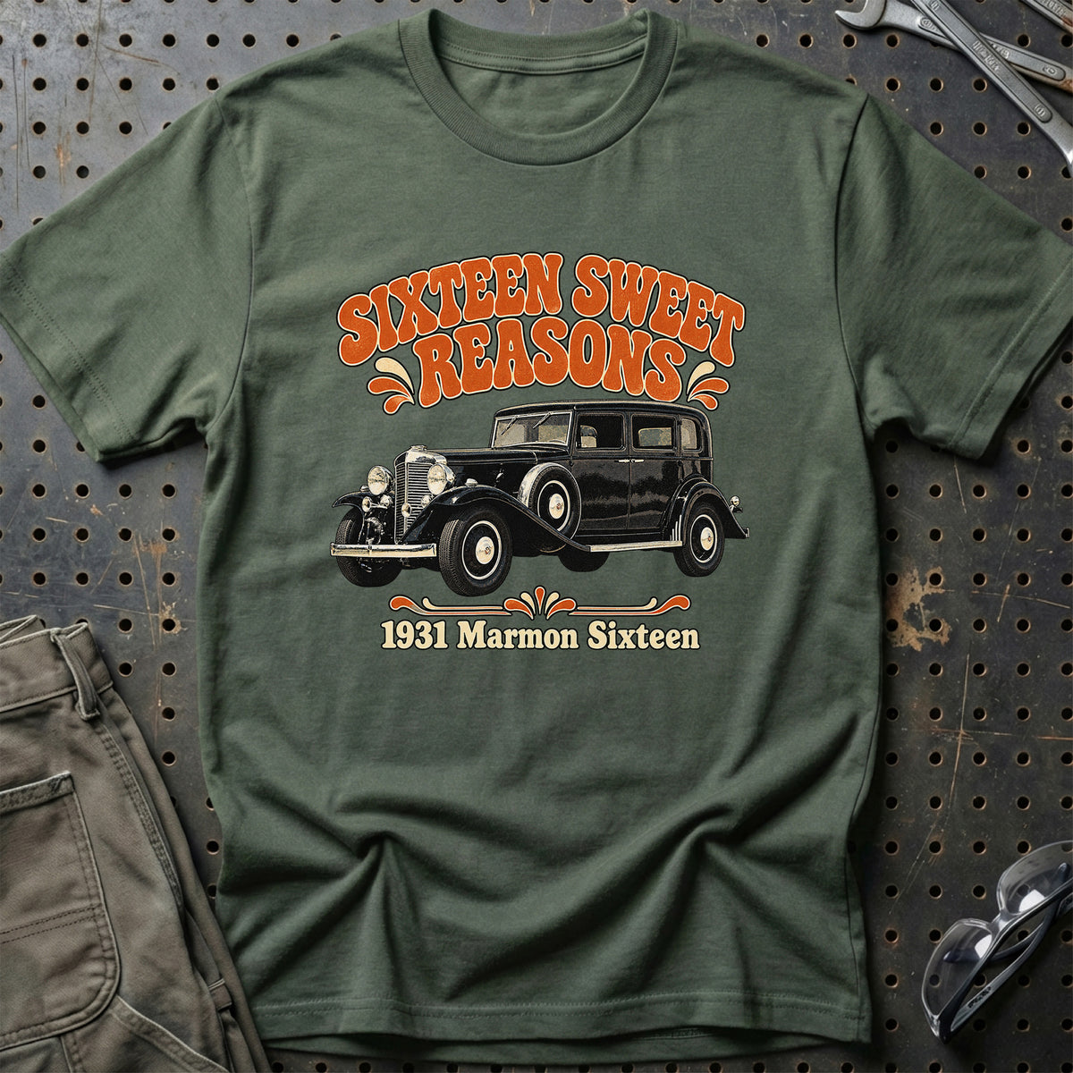 
Marmon Sixteen 1931 – Sixteen Sweet Reasons T-Shirt – Grøn Militær