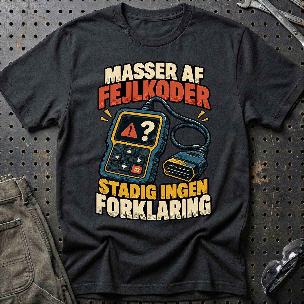 
Masser af fejlkoder – Stadig ingen forklaring – Tegneserie – Unisex T-Shirt med tryk foran, farve: Sort