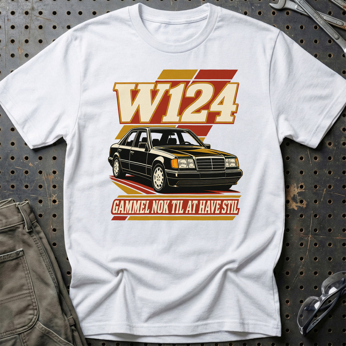
Mercedes W124 – Gammel nok til at have stil – Unisex T-Shirt – Hvid