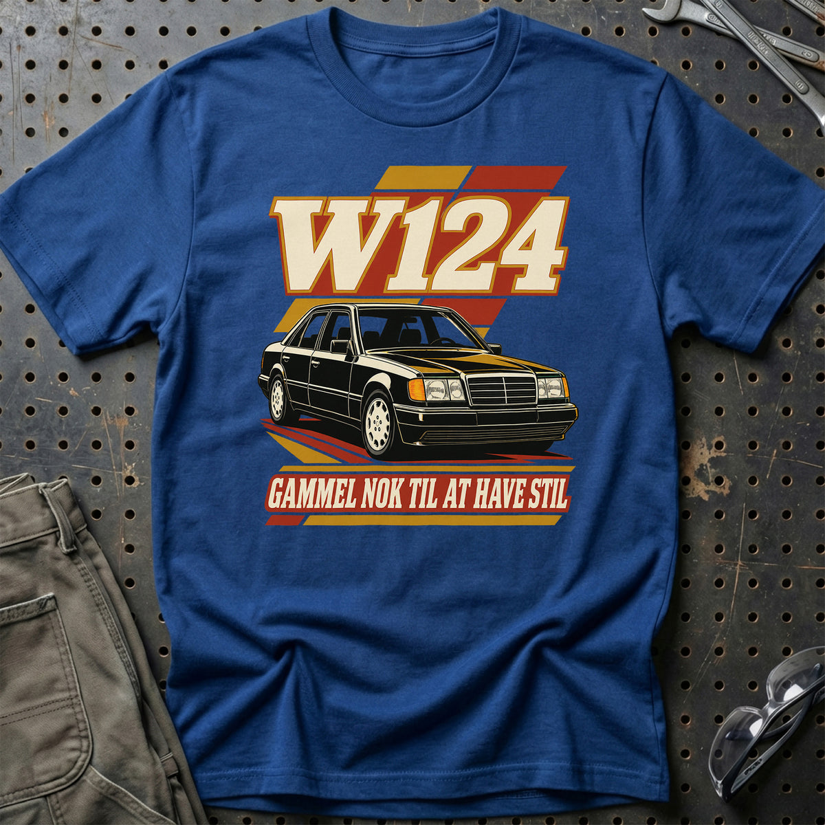 
Mercedes W124 – Gammel nok til at have stil – Unisex T-Shirt – Blå Royal
