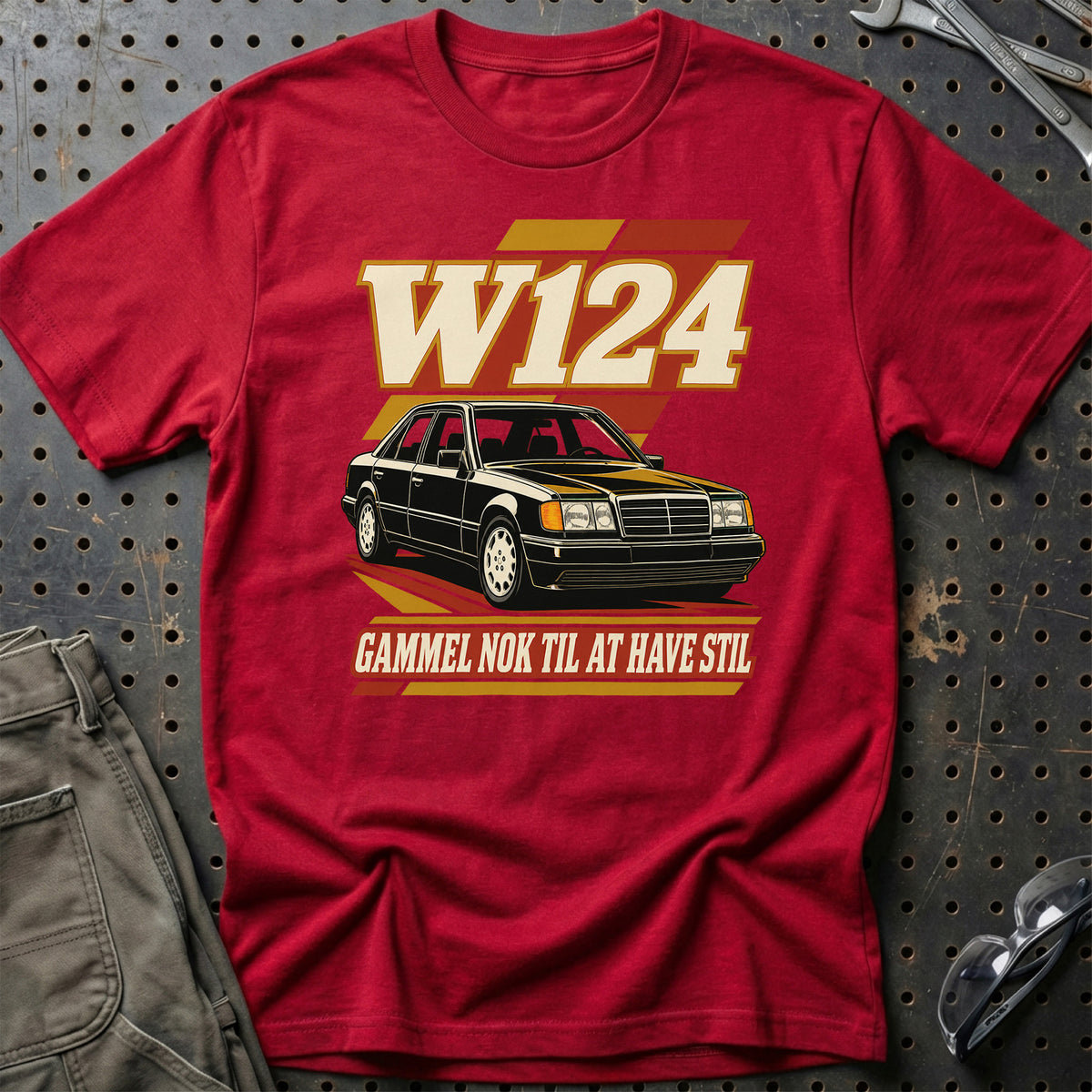 
Mercedes W124 – Gammel nok til at have stil – Unisex T-Shirt – Rød