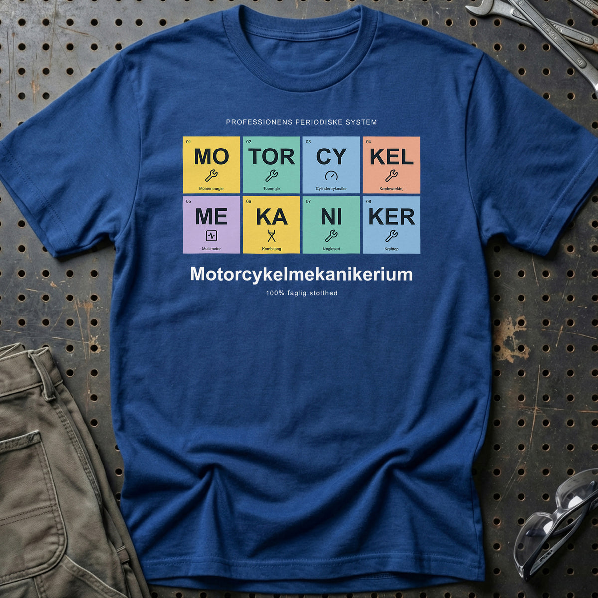 
Motorcykelmekaniker – Motorcykelmekanikerium – Unisex T-Shirt med tryk foran, farve: Blå Royal