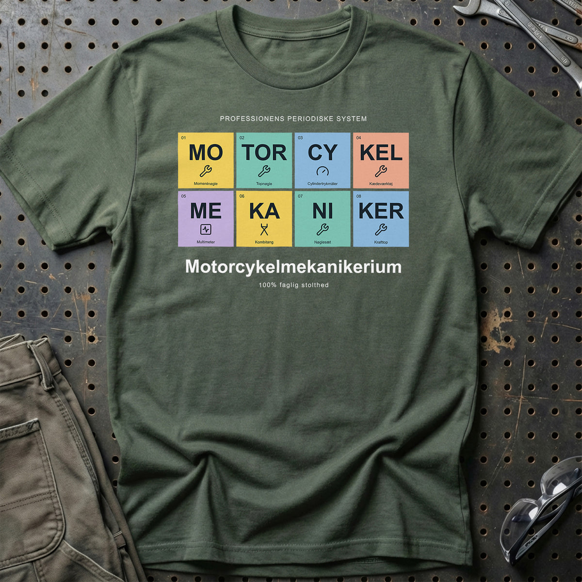 
Motorcykelmekaniker – Motorcykelmekanikerium – Unisex T-Shirt med tryk foran, farve: Grøn Militær