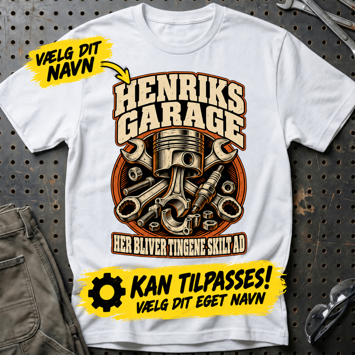 Personlig garage – T-Shirt med dit navn – Hvid