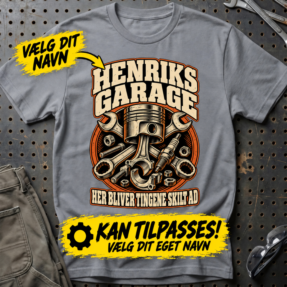 Personlig garage – T-Shirt med dit navn – Grå Sport