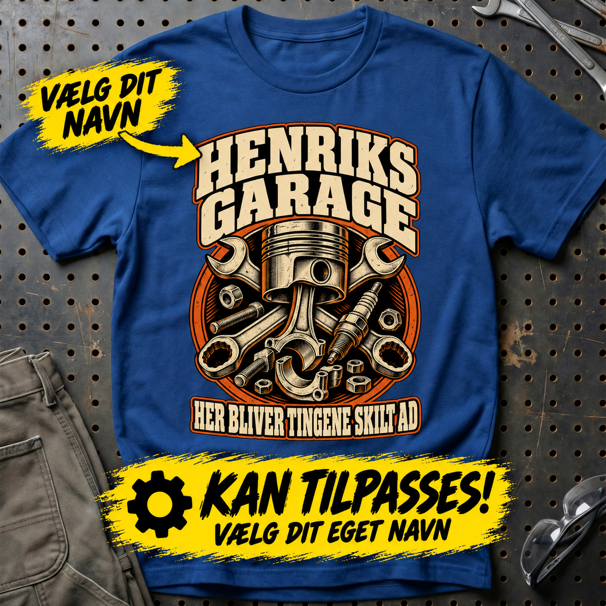 Personlig garage – T-Shirt med dit navn – Blå Royal