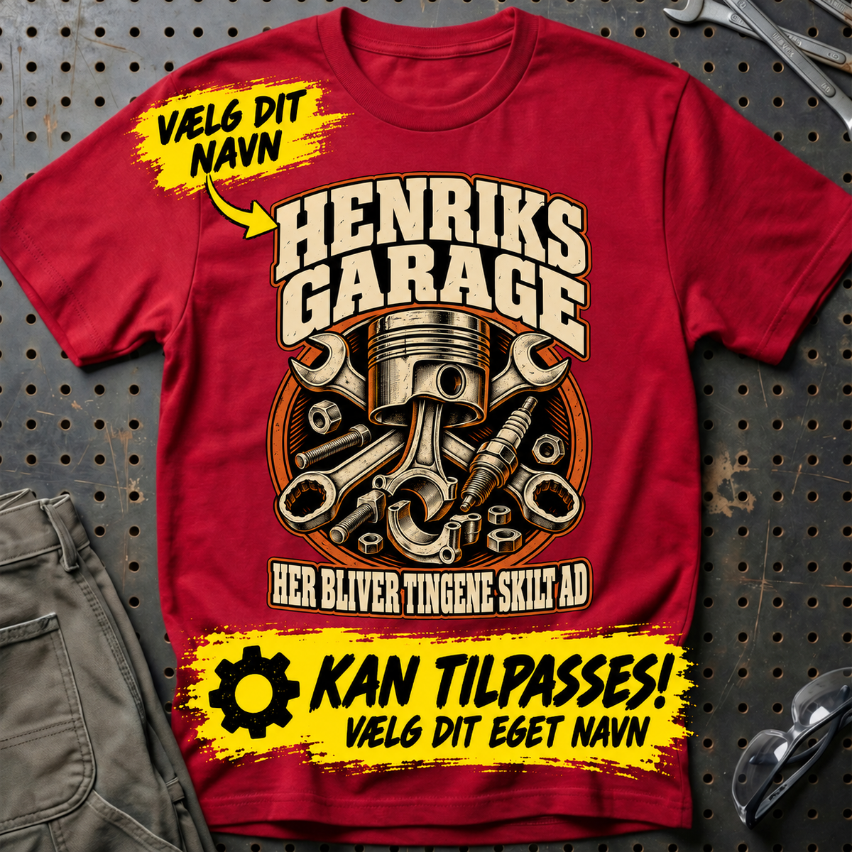 Personlig garage – T-Shirt med dit navn – Rød