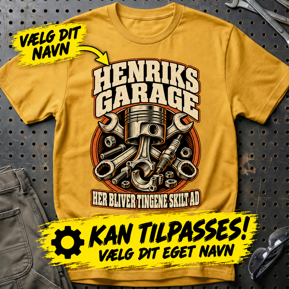 Personlig garage – T-Shirt med dit navn – Guld