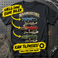 
Personlig – Min kørehistorie – Unisex T-Shirt med dine biler med tryk foran, farve: Sort