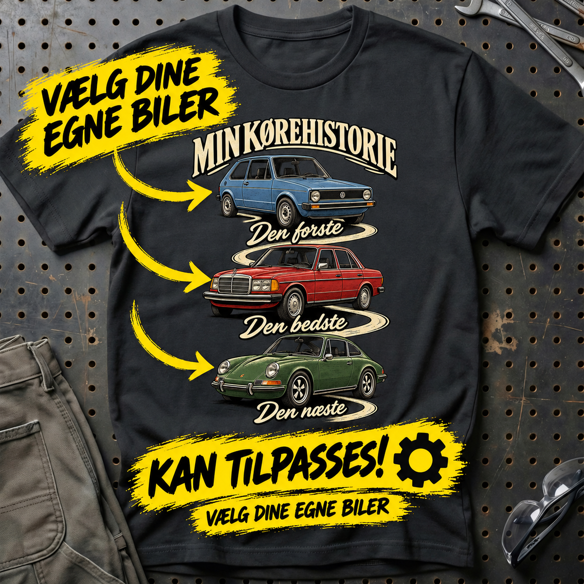 
Personlig – Min kørehistorie – Unisex T-Shirt med dine biler med tryk foran, farve: Sort