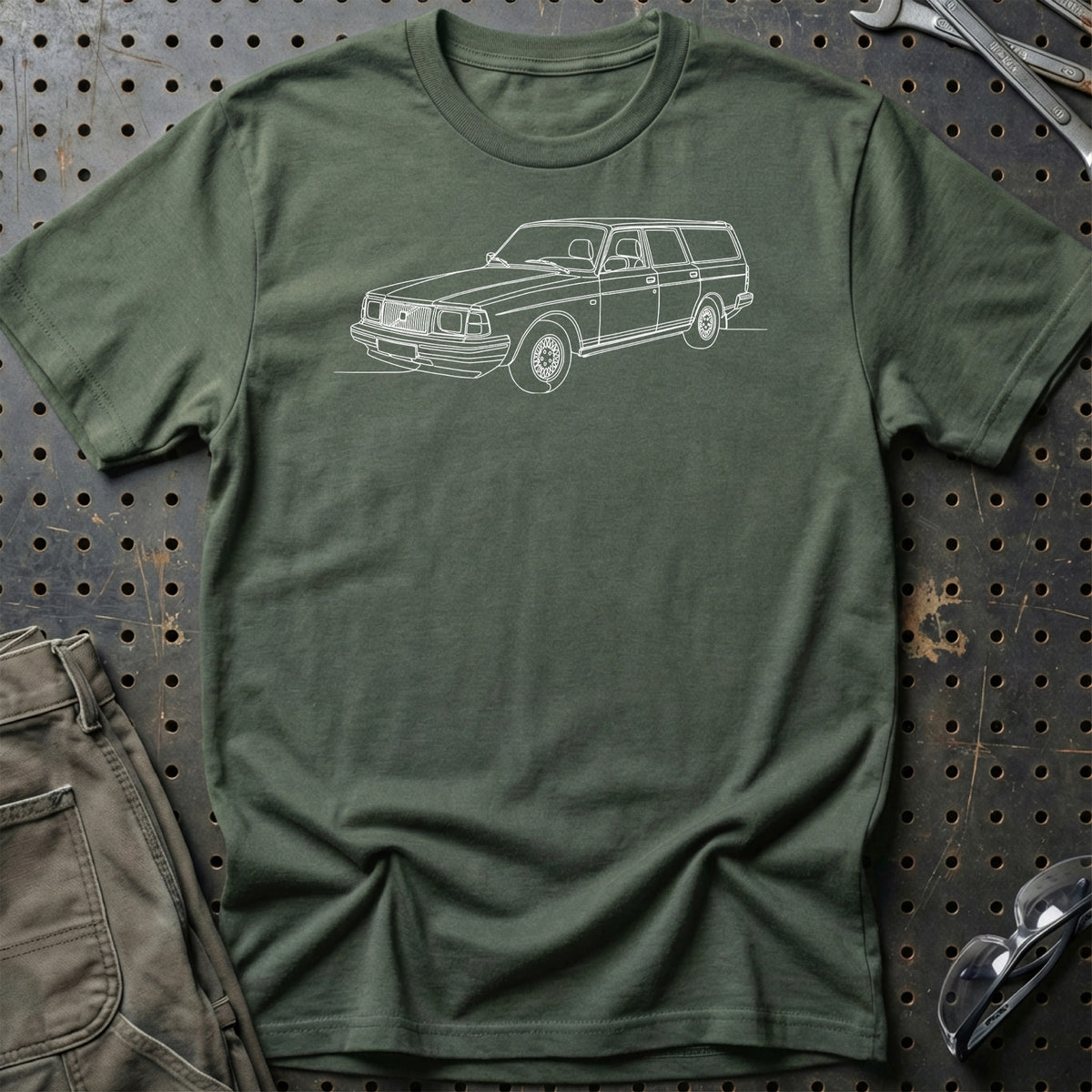 Volvo 245 Wagon - One Line Style T-Shirt-Beklædning-Volvo-Grøn Militær-S-Garage Culture Shop- garage - man cave - merchandise