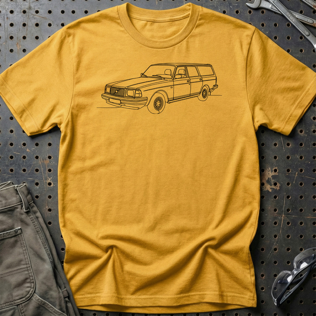 Volvo 245 Wagon - One Line Style T-Shirt-Beklædning-Volvo-Guld-S-Garage Culture Shop- garage - man cave - merchandise