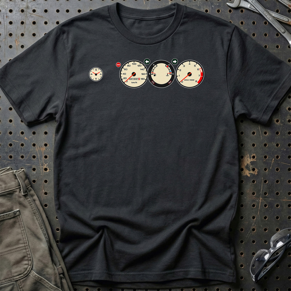 
Rover Mini Cooper MPI 1997 – Instrumentbræt – Unisex T-Shirt med tryk foran, farve: Sort