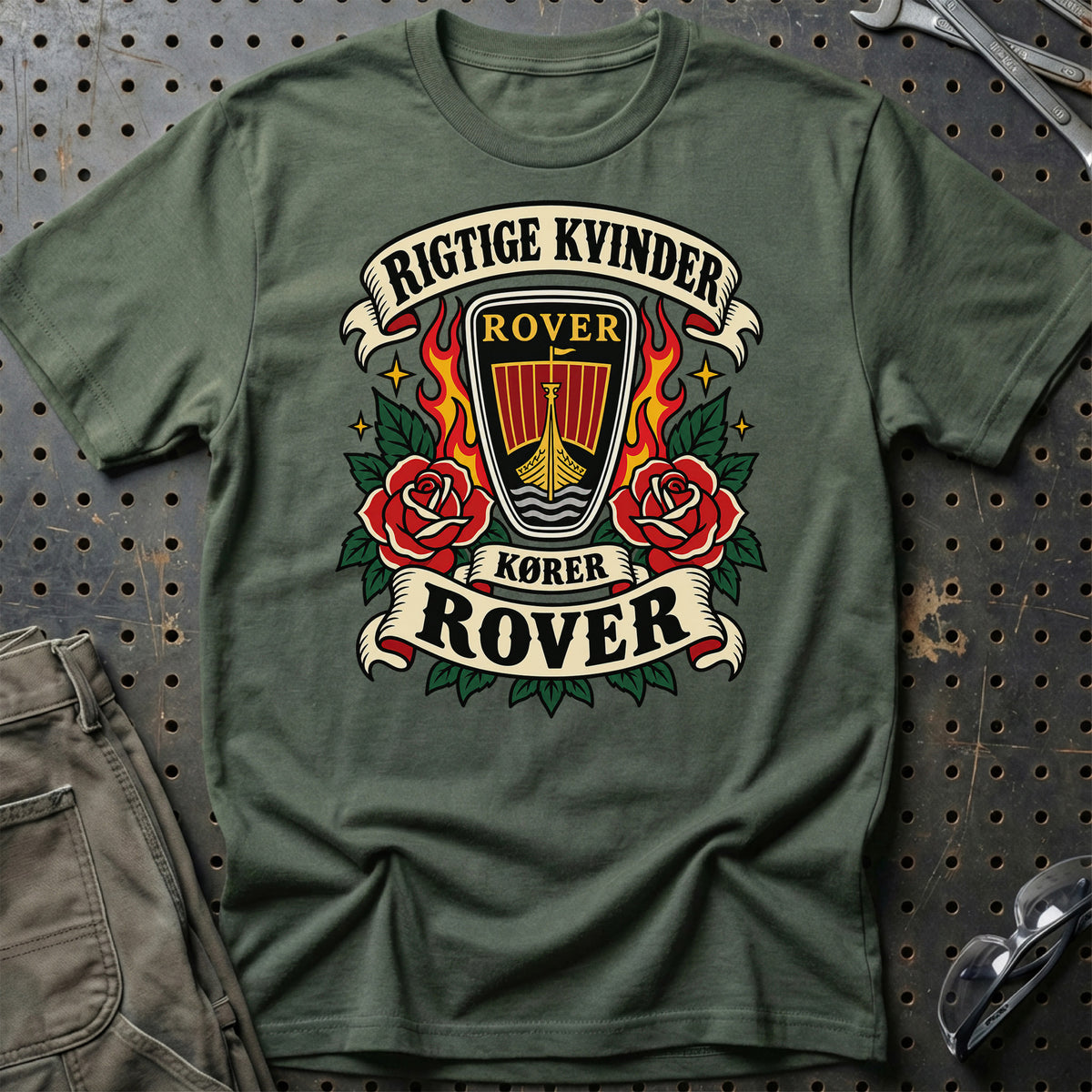 Rover Rigtige Kvinder Kører – Roser og Flammer T-Shirt – Grøn Militær