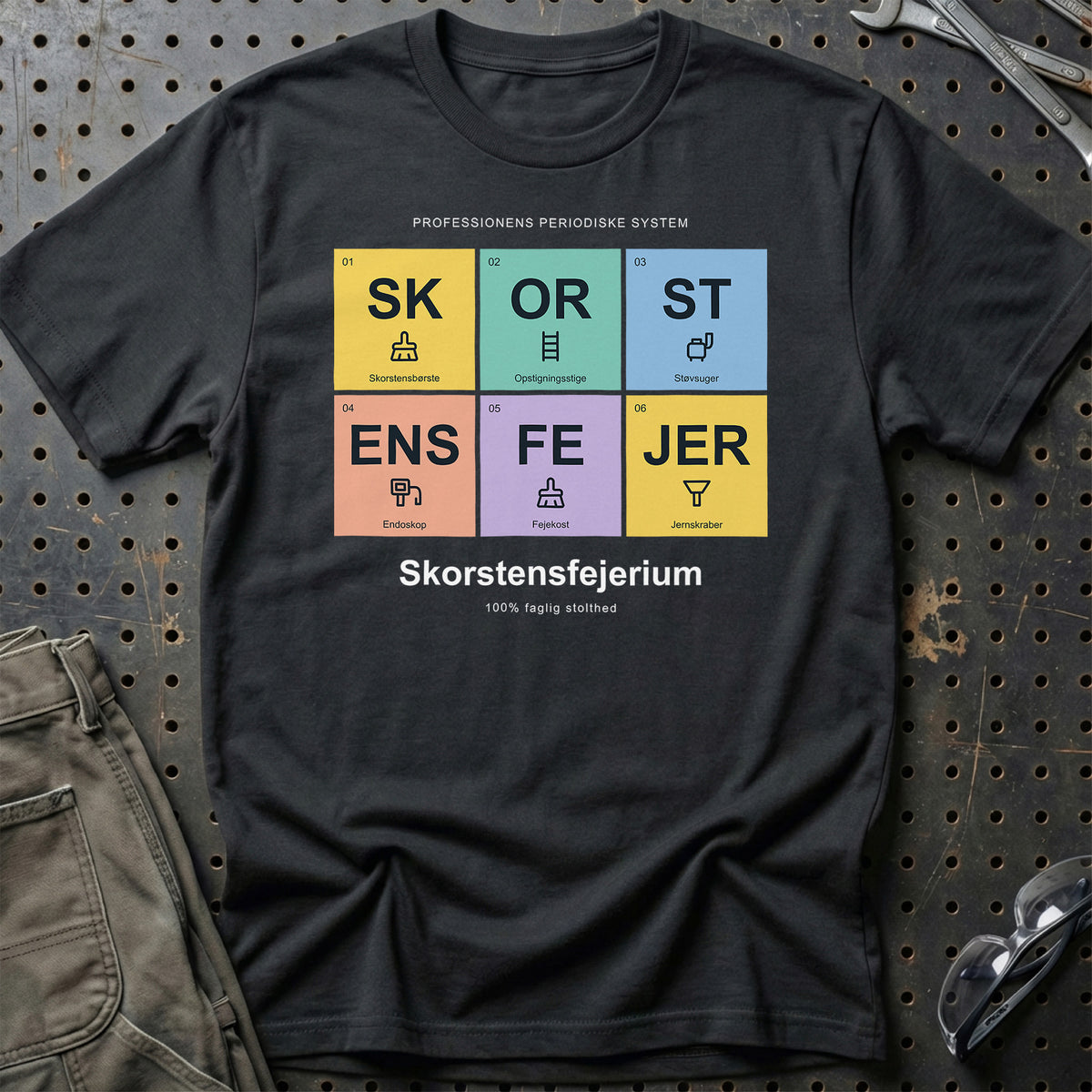 
Skorstensfejer – Skorstensfejerium – Unisex T-Shirt med tryk foran, farve: Sort