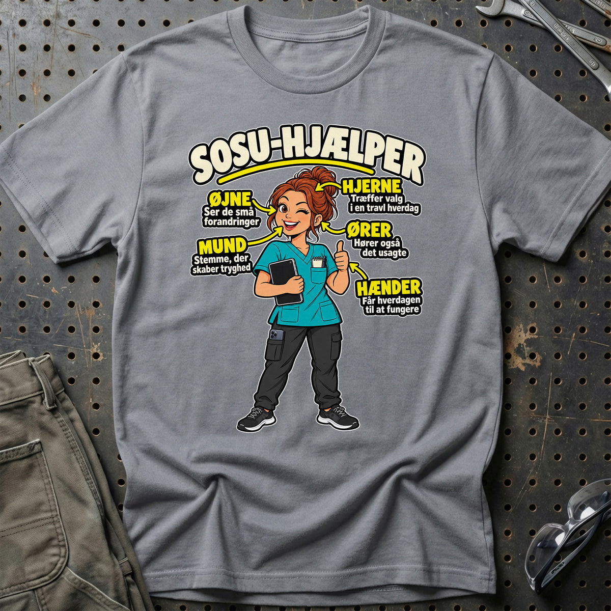
SOSU-hjælper – Anatomi med tablet – kvinde – Unisex T-Shirt – Grå Sport