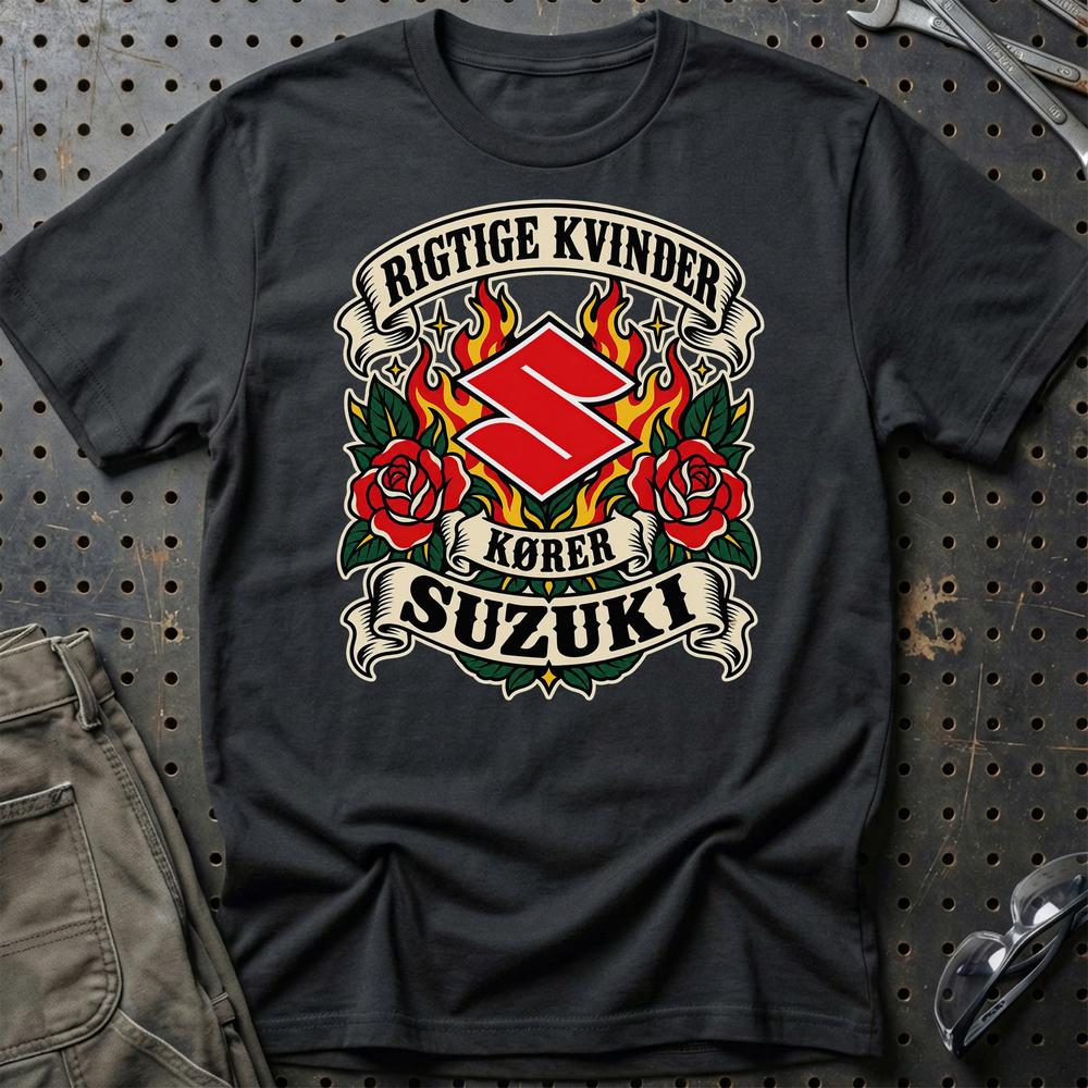 Suzuki Rigtige Kvinder Kører – Roser og Flammer T-Shirt – Sort