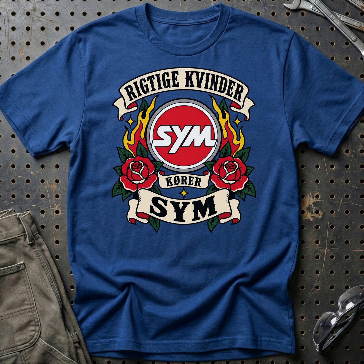 SYM Rigtige Kvinder Kører – Roser og Flammer T-Shirt – Blå Royal
