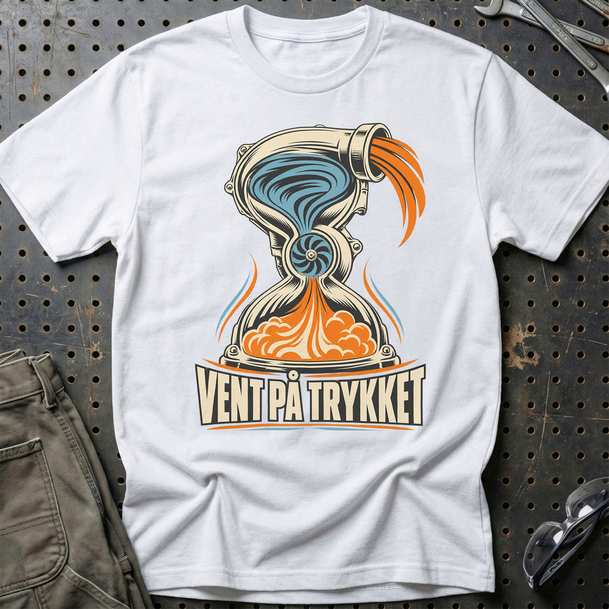 
Vent på trykket – Unisex T-Shirt – Hvid