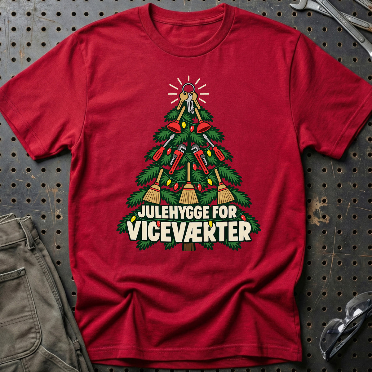 
Vicevært – Julehygge – Unisex T-Shirt – Rød