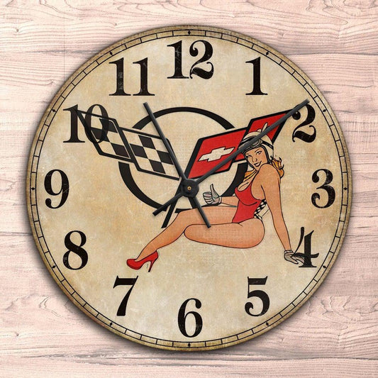 Chevrolet Corvette Pin-Up Vintage Vægur Rundt-Clock-Chevrolet-Garage Culture Shop- garage - man cave - merchandise