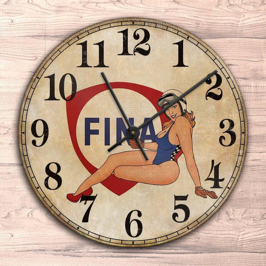Fina Pin-Up Vintage Vægur Rundt-Clock-Motoroil-Garage Culture Shop- garage - man cave - merchandise