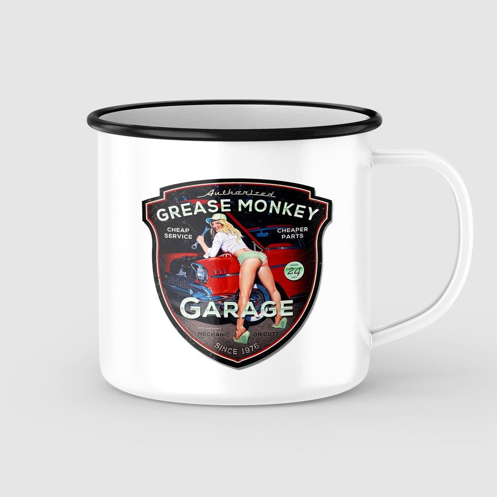 Grease Monkey Pin-Up Vintage Emaljekrus-Krus-Vintage Garage-Garage Culture Shop- garage - man cave - merchandise