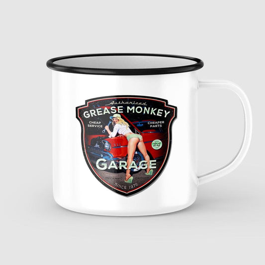 Grease Monkey Pin-Up Vintage Emaljekrus-Krus-Vintage Garage-Garage Culture Shop- garage - man cave - merchandise
