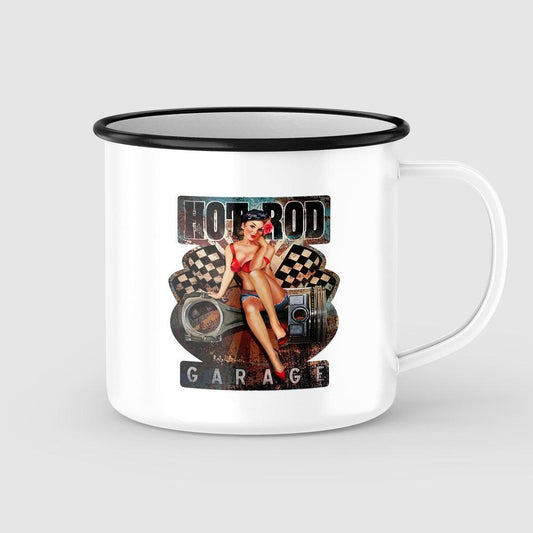 Hot Rod Garage Pin-Up Vintage Emaljekrus-Krus-Vintage Garage-Garage Culture Shop- garage - man cave - merchandise