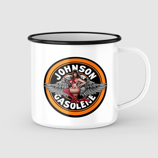 Johnson Gasolene Pin-Up Vintage Emaljekrus-Krus-Vintage Garage-Garage Culture Shop- garage - man cave - merchandise