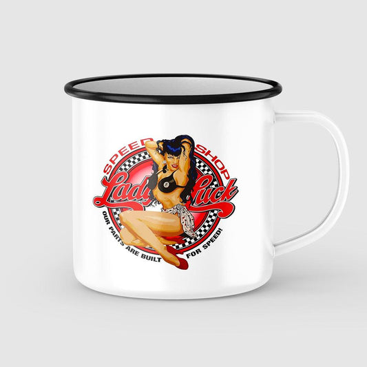 Lady Luck Speed Shop Pin-Up Vintage Emaljekrus-Krus-Vintage Garage-Garage Culture Shop- garage - man cave - merchandise