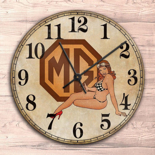 MG Pin-Up Vintage Vægur Rundt-Clock-MG-Garage Culture Shop- garage - man cave - merchandise