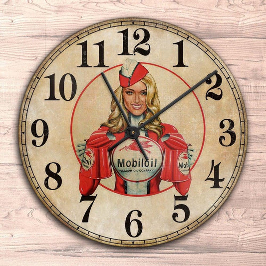 Mobiloil Pin-Up Vintage Vægur Rundt-Clock-Motoroil-Garage Culture Shop- garage - man cave - merchandise