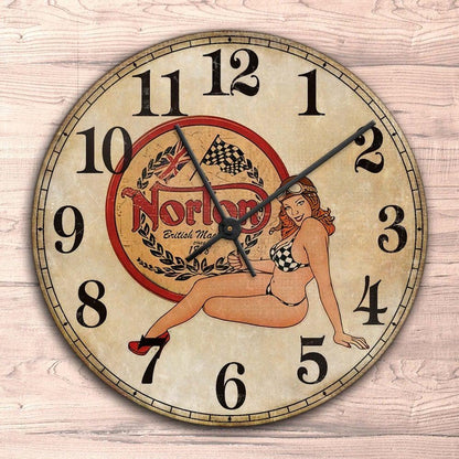 Norton Pin-Up Vintage Vægur Rundt-Clock-Norton-Garage Culture Shop- garage - man cave - merchandise