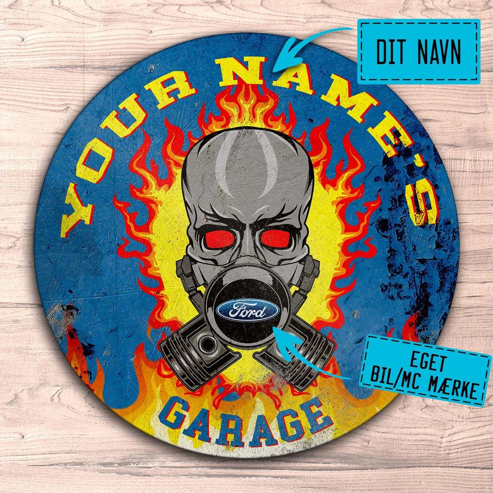 Personlig - Flamed Skull Eget Navn Bil MC Mærke Garage Runde Skilte , Musemåtte Rundt , Kop Underlag, Underlagssæt-Runde Skilte-Personlig-Garage Culture Shop- garage - man cave - merchandise