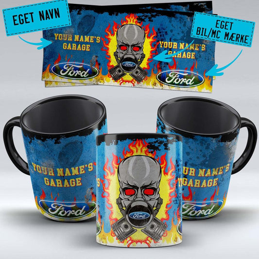 Personlig - Flamed Skull Eget Navn Bil MC Mærke - "To Toner" Vintage Keramisk Krus-Krus-Personlig-Garage Culture Shop- garage - man cave - merchandise