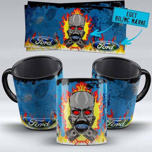 Personlig - Flamed Skull Og Dit Bil MC Mærke - "To Toner" Vintage Keramisk Krus-Krus-Personlig-Garage Culture Shop- garage - man cave - merchandise