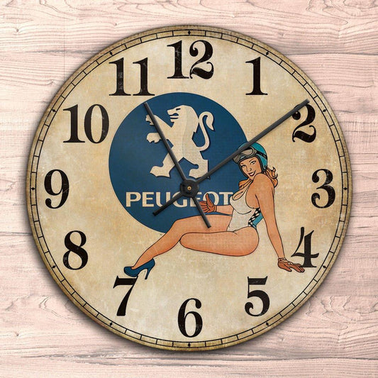 Peugeot Pin-Up Vintage Vægur Rundt-Clock-Peugeot-Garage Culture Shop- garage - man cave - merchandise