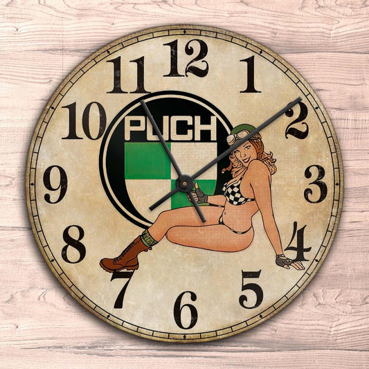Puch Pin-Up Vintage Vægur Rundt-Clock-Puch-Garage Culture Shop- garage - man cave - merchandise