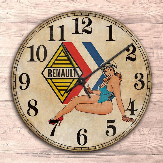 Renault Pin-Up Vintage Vægur Rundt-Clock-Renault-Garage Culture Shop- garage - man cave - merchandise