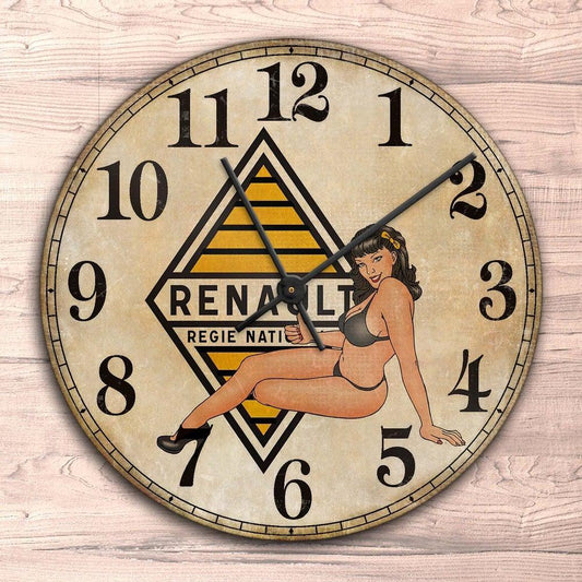 Renault Pin-Up Vintage Vægur Rundt-Clock-Renault-Garage Culture Shop- garage - man cave - merchandise