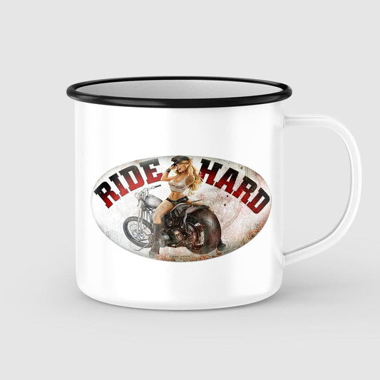 Ride Hard Pin-Up Vintage Emaljekrus-Krus-Vintage Garage-Garage Culture Shop- garage - man cave - merchandise