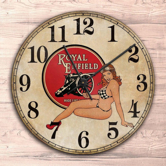 Royal Enfield Pin-Up Vintage Vægur Rundt-Clock-Royal Enfield-Garage Culture Shop- garage - man cave - merchandise