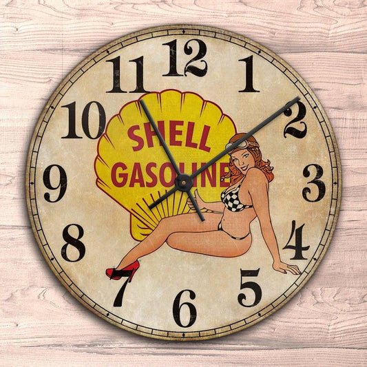 Shell Pin-Up Vintage Vægur Rundt-Clock-Motoroil-Garage Culture Shop- garage - man cave - merchandise