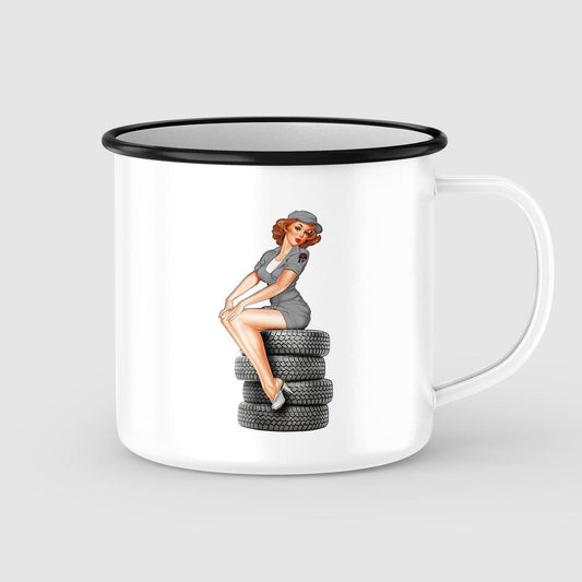 Tyre Garage Pin-Up Vintage Emaljekrus-Krus-Vintage Garage-Garage Culture Shop- garage - man cave - merchandise