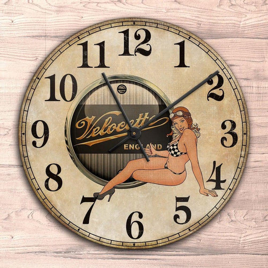 Velocette Pin-Up Vintage Vægur Rundt-Clock-Velocette-Garage Culture Shop- garage - man cave - merchandise